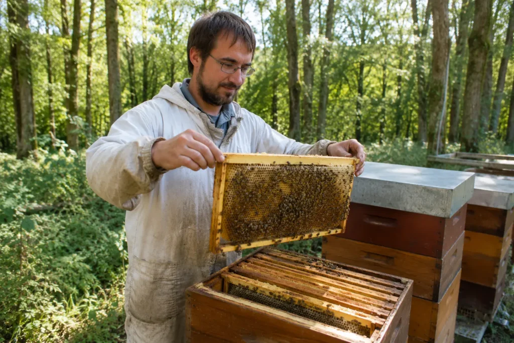 Sylvain Merveille inspecte un cadre de ruche dans son rucher en Périgord pour produire son miel artisanal Merveille Apiculture, sélectionné par Trésor de la Nature.