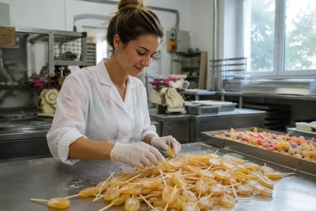 Fabrication artisanale de bonbons et sucettes au miel dans un atelier de confiserie, sélectionnés par Trésor de la Nature.