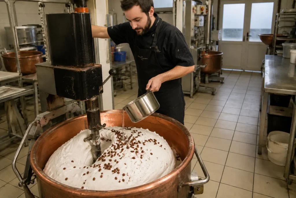 Alban Bisch prépare le nougat artisanal au miel dans l'atelier de la Maison Bisch de Bruche en Alsace, sélectionné par Trésor de la Nature.