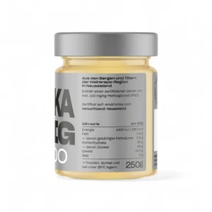 Miel de Manuka MGO 100 250 g – Étiquette arrière Étiquette arrière du pot de miel de Manuka MGO 100 250 g avec informations nutritionnelles - Anuk Manuka