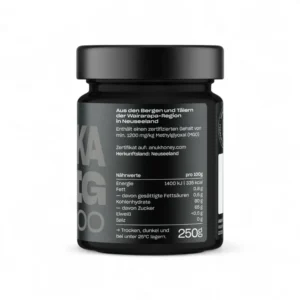 Miel de Manuka MGO 1200 250 g – Étiquette arrière Miel de Manuka Étiquette arrière du pot de miel de Manuka MGO 1200 250 g avec informations nutritionnelles - Anuk Manuka