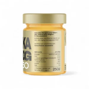 Miel de Manuka MGO 250 250 g – Étiquette arrière Étiquette arrière du pot de miel de Manuka MGO 250 250 g avec informations nutritionnelles - Anuk Manuka