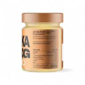 Miel de Manuka MGO 30 250 g – Étiquette arrière Étiquette arrière du pot de miel de Manuka MGO 30 250 g avec informations nutritionnelles - Anuk Manuka