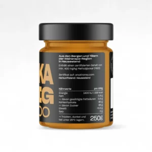 Miel de Manuka MGO 400 250 g – Étiquette arrière Étiquette arrière du pot de miel de Manuka MGO 400 250 g avec informations nutritionnelles - Anuk Manuka