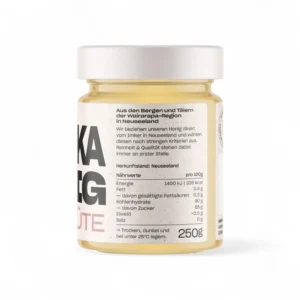 Miel de Manuka et fleurs sauvages 250 g – Étiquette arrière Étiquette arrière du pot de miel de Manuka et fleurs sauvages 250 g avec informations nutritionnelles - Anuk Manuka