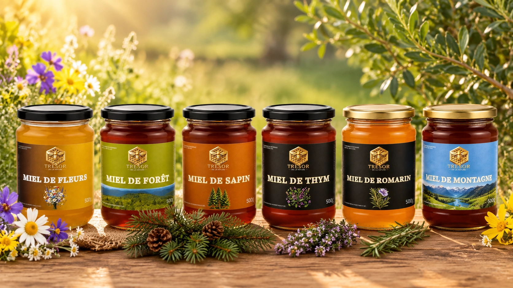 Collection de miels artisanaux Trésor de la Nature vendus en Belgique : miel de fleurs, forêt, sapin, thym, romarin et montagne en pots de 500 g.