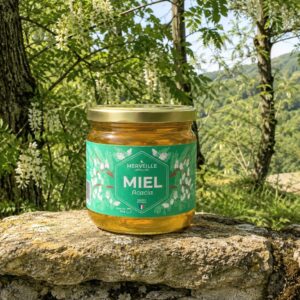 Miel d’acacia du Périgord – Merveille Apiculture Pot de miel d’acacia de Merveille Apiculture posé sur un muret en pierre dans un paysage fleuri du Périgord