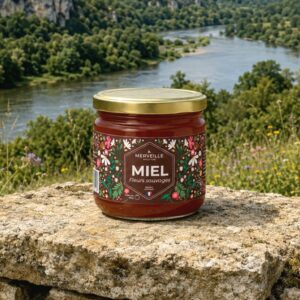Miel de fleurs sauvages du Périgord – Merveille Apiculture Pot de miel de fleurs sauvages de Merveille Apiculture dans la nature du Périgord avec la Dordogne au loin