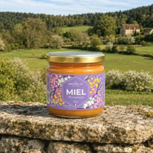 Miel de printemps du Périgord – Merveille Apiculture Pot de miel de printemps de Merveille Apiculture posé sur un muret en pierre dans un paysage printanier du Périgord