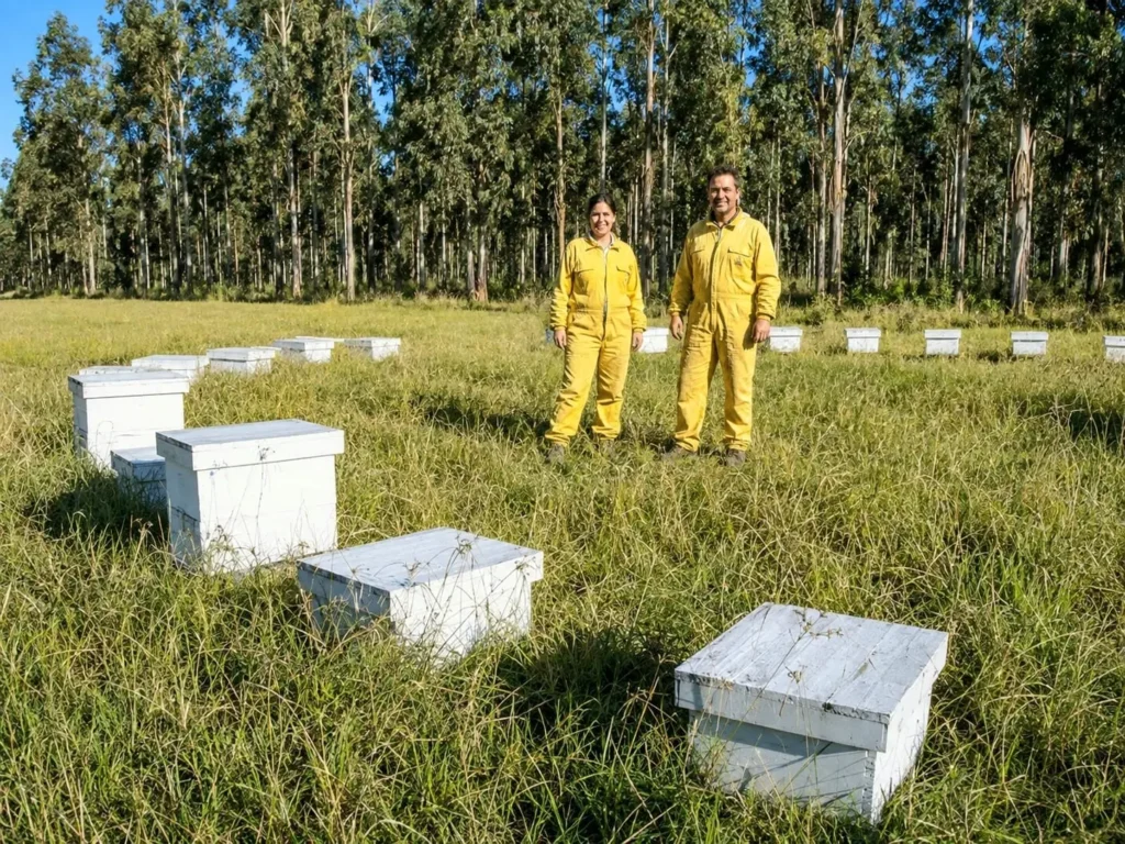Diego et Natalia, apiculteurs argentins, dans leur rucher au cœur d’une forêt d’eucalyptus en Argentine.