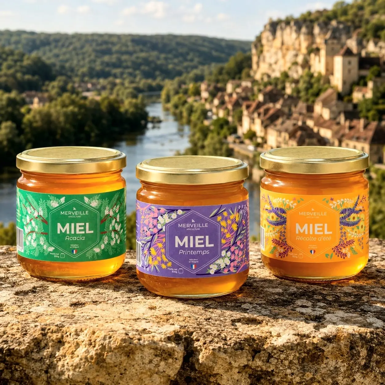 Trois pots de miel du Périgord français Merveille Apiculture (acacia, printemps et récolte d'été) sélectionnés par Trésor de la Nature C'est la formulation que je retiendrais. Elle