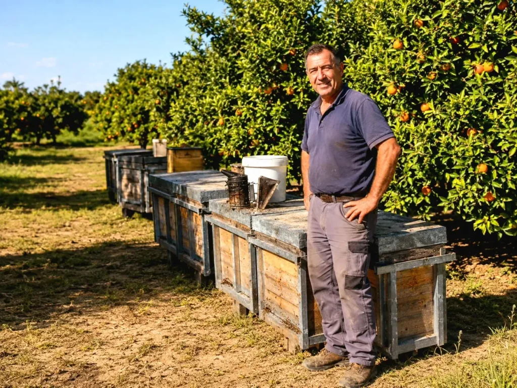Javier, apiculteur espagnol, devant ses ruches installées dans une plantation d’orangers en Espagne.