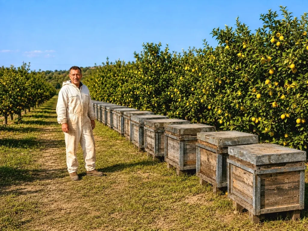 Javier, apiculteur espagnol, devant ses ruches installées dans une plantation de citronniers en Espagne.