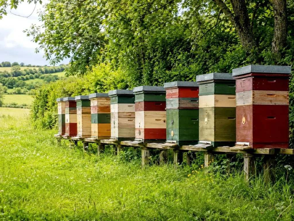 Ruches installées dans la campagne belge pour la production de miel de fleurs en Belgique.
