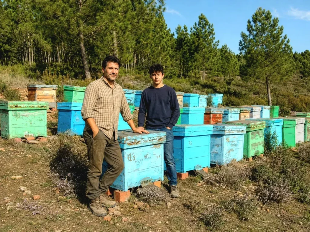 Sergio et son fils Álvaro, apiculteurs espagnols, dans leur rucher dédié à la production de miel de thym en Espagne.