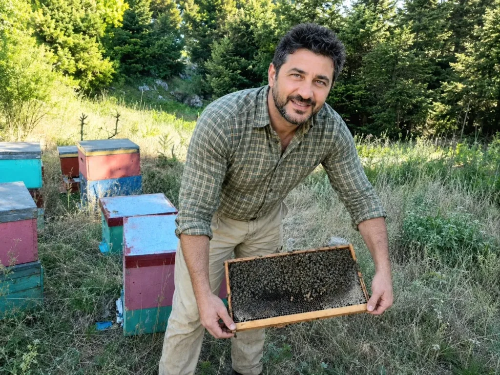 Apiculteur tuEmre, apiculteur turc, tenant un cadre d’abeilles dans son rucher dédié à la production de miel de sapin en Turquie.rc présentant un cadre de ruche couvert d’abeilles pour la production de miel de sapin