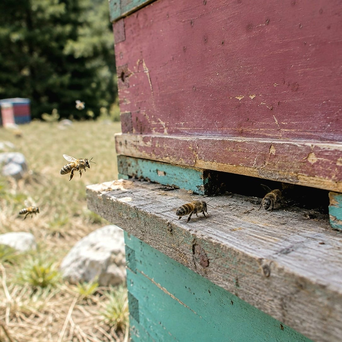 Abeilles de retour à leur ruche dans un rucher produisant du miel de sapin en Turquie.
