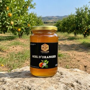 Miel d’oranger d’Espagne – Trésor de la Nature Pot de miel d’oranger d’Espagne Trésor de la Nature, présenté au cœur d’un verger d’orangers.