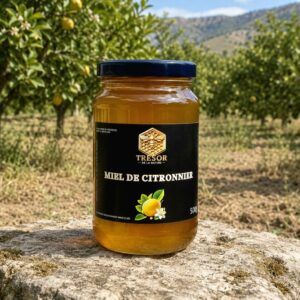 Miel de citronnier d’Espagne – Trésor de la Nature Pot de miel de citronnier d’Espagne Trésor de la Nature, présenté au cœur d’un verger de citronniers.
