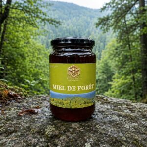 Miel de forêt de Bulgarie – Trésor de la Nature Pot de miel de forêt de Bulgarie Trésor de la Nature, présenté au cœur d’un paysage forestier bulgare.