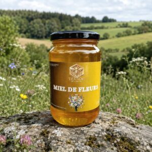 Miel de fleurs belge – Trésor de la Nature Pot de miel de fleurs belge Trésor de la Nature, présenté au cœur d’une prairie fleurie en Belgique.