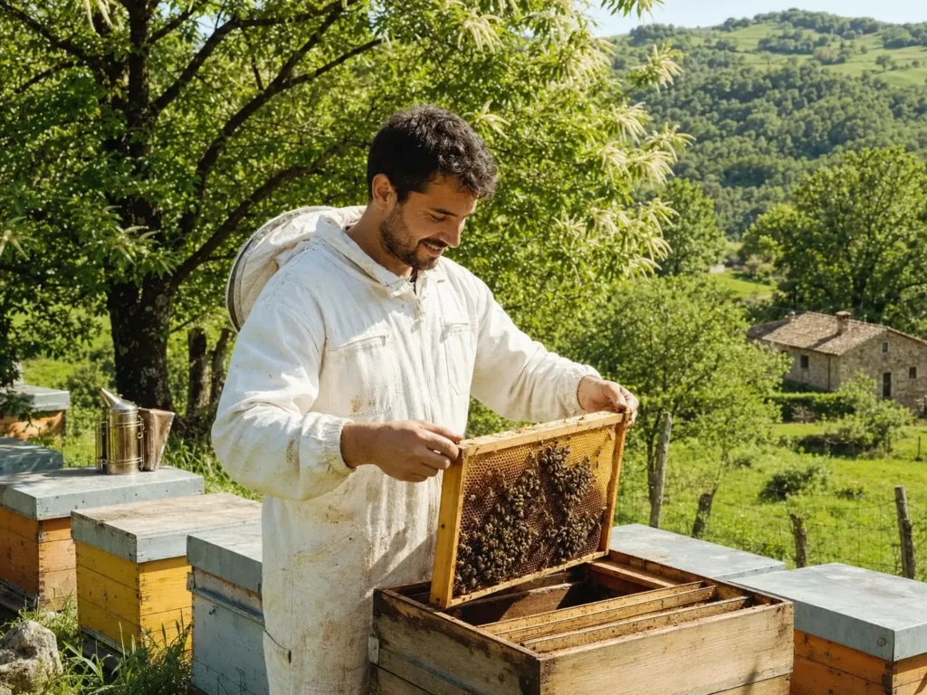 Luca, apiculteur italien, inspectant un cadre d’abeilles dans son rucher dédié à la production de miel de châtaignier en Italie.
