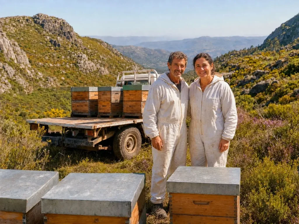 Paulo et Carla, apiculteurs portugais, dans leur rucher de montagne dédié à la production de miel au Portugal.