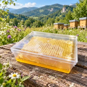 Miel en rayon de Bulgarie 400g à 500g – Décor de rucher Miel en rayon dans une boîte transparente posée sur du bois, avec des fleurs, des ruches et des collines en arrière-plan.
