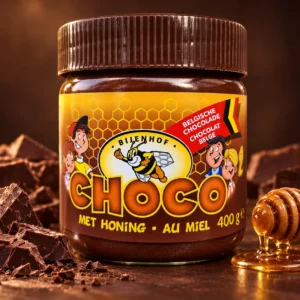 Choco Miel au chocolat belge 400 g – Présentation gourmande Pot de Choco Miel 400 g entouré de morceaux de chocolat et d’une cuillère à miel – Trésor de la Nature