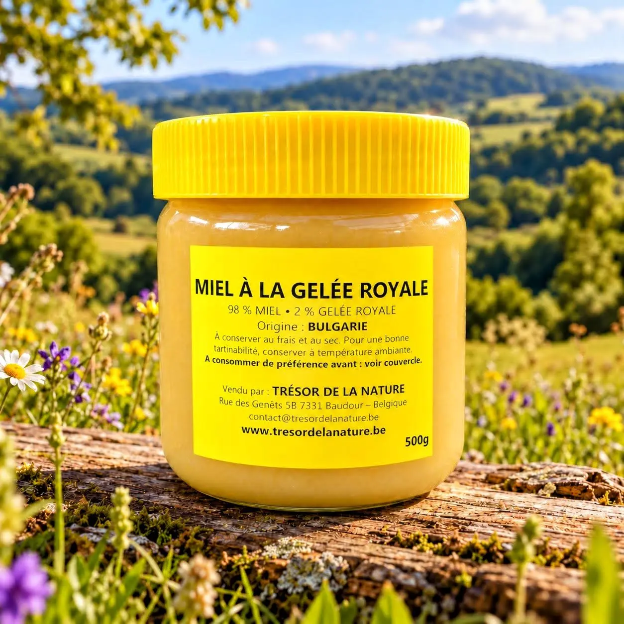 Pot de miel à la gelée royale de Bulgarie 500g posé sur du bois, entouré de fleurs avec des collines en arrière-plan.