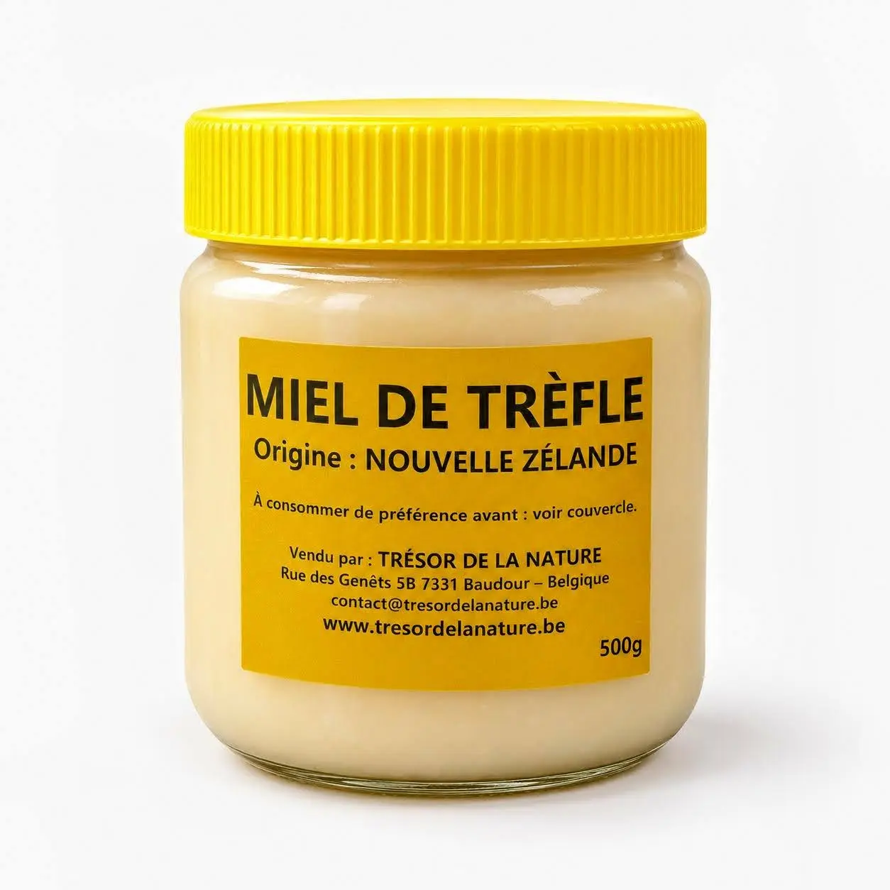 Pot de miel de trèfle de Nouvelle-Zélande 500 g sur fond blanc – Trésor de la Nature